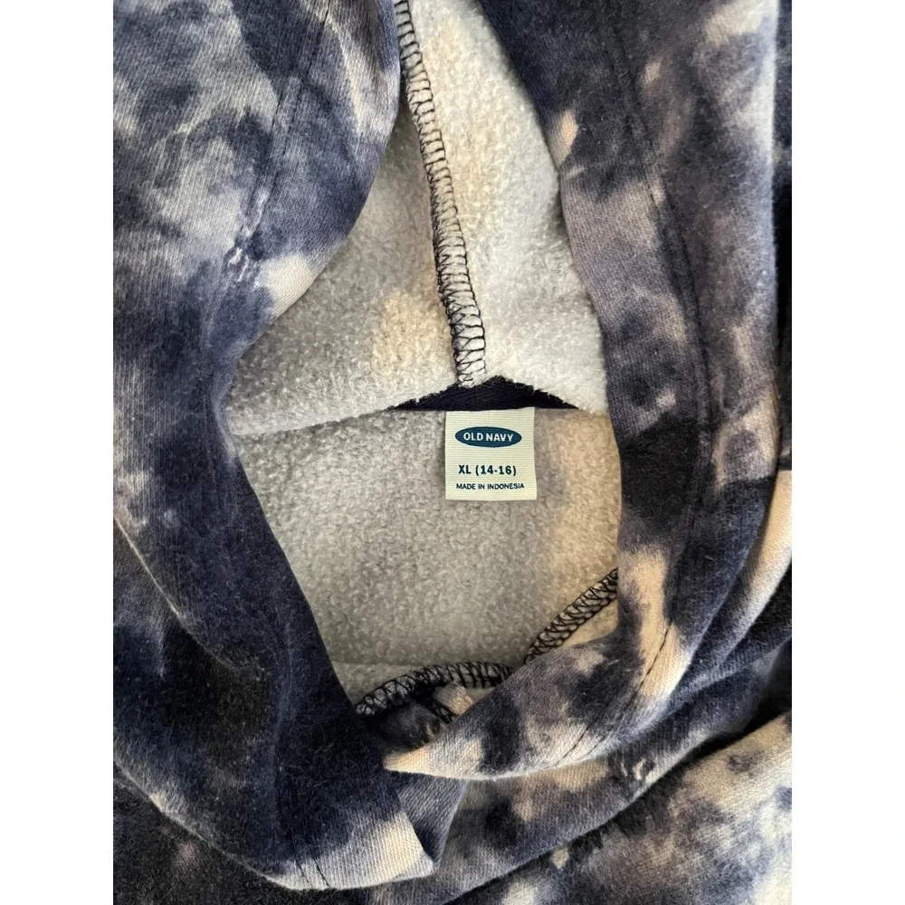 Old Navy Boys XL 14-16 Pullover Hoodie Navy Blue White Tie Dye Fleece Sweatshirt